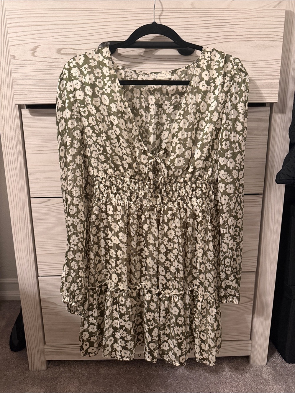 Olive Green Floral Smocked V-Neck Mini Dress